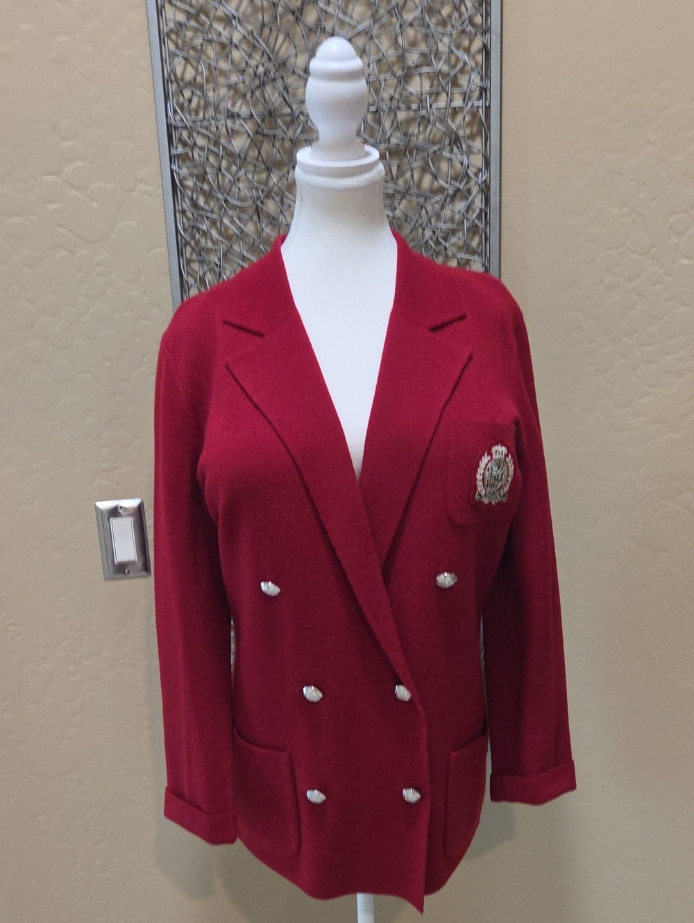 Lauren Ralph Lauren Red Double-Breasted Sweater Blazer with Signature Logo Crest